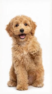 Cute Goldendoodle puppy waving paw on white background. Happy fluffy dog sitting and doing a high five trick while looking at camera. Vertical studio shot of adorable pet saying hello.