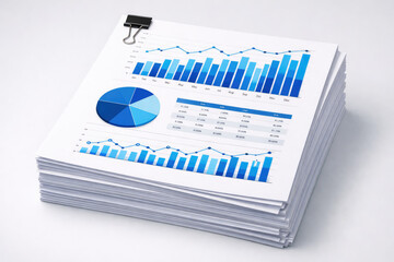 Stack of white cards with blue graphics and text on a white surface, showing a circular emblem and straight lines