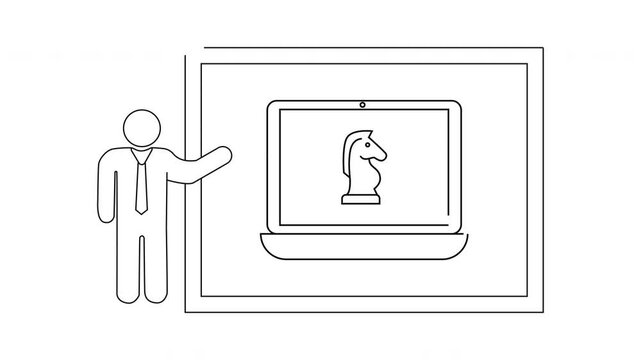 Strategic Presentation - Chess Knight on Laptop Screen Outline.