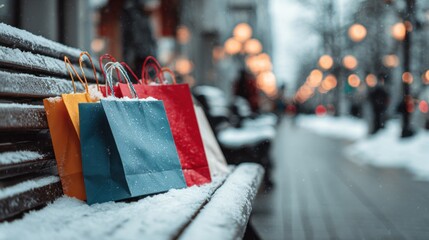 Colorful Shopping Bags on Snowy Park Bench in Winter Evening