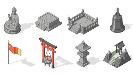 Obraz premium Isometric asian culture icons: temples, monuments, and traditional artifacts