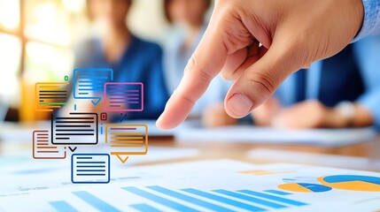 Researcher Analyzing Customer Feedback Bubbles and Data Charts in Office