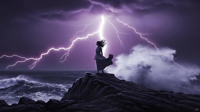 Woman facing lightning storm on a rocky coast, dramatic atmosphere