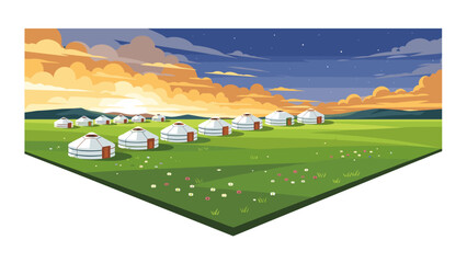 Fototapeta premium Peaceful landscape at sunset with traditional yurts under a starry sky in a panoramic view