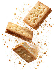 Dynamic Shot of Shortbread Biscuits Mid-Air with Crumbs Scattered Against a Dark Background
