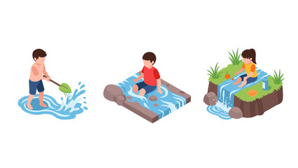 Children playing in water scenes: isometric summer adventures