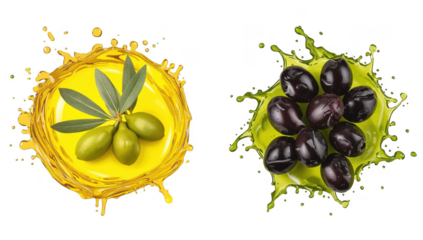 Green and Black Olives Splashing in Oil and Juice with Leaves, Stock Media