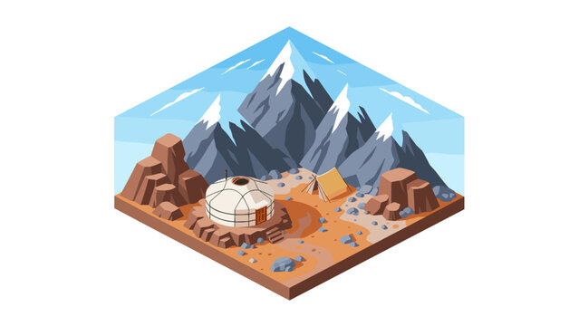 Isometric mountain scene with dome tent and snowy peaks