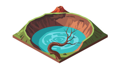 Isometric volcano crater lake with tree and scenic landscape