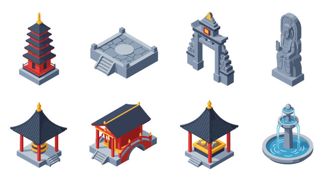 Isometric asian architectural icons featuring temples, pagoda, and traditional structures