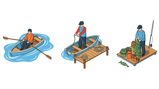 Isometric fishing scenes with rowboat dock and gear in action