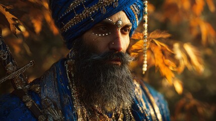 Portrait of a dignified Sikh warrior with ornate blue turban and sword