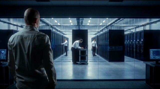 Technicians Meticulously Positioning And Wiring Server Trolleys Behind Glass Partition In Room