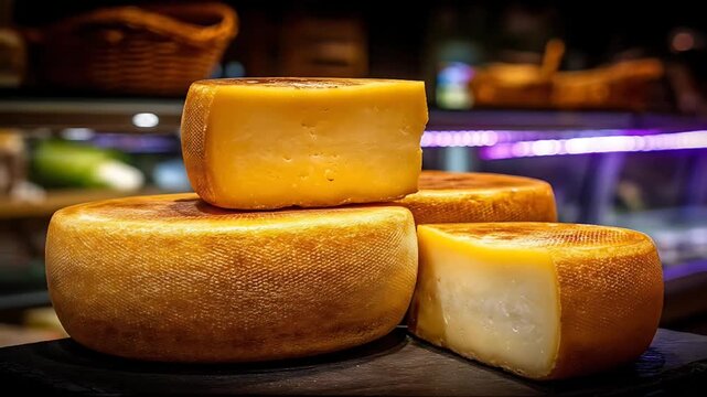 Assorted cheese wheels displayed on a counter in a store or market setting, viewed from the front.