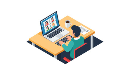 Isometric home office work meeting with diverse team video call on laptop