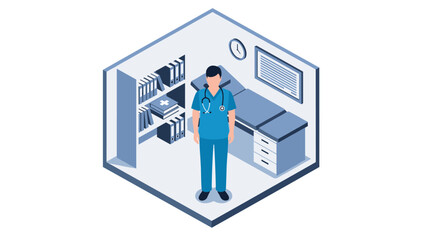 Isometric medical professional in clinic room with equipment and furniture details