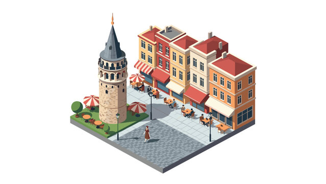 Charming street cafe scene in isometric style featuring iconic tower and colorful buildings