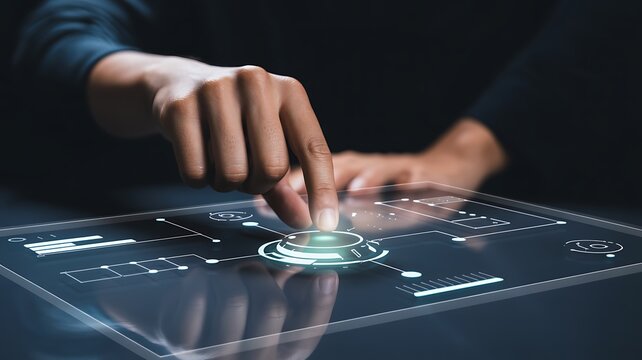Person's hand interacting with a glowing digital interface showing data and connections - Powered by Adobe