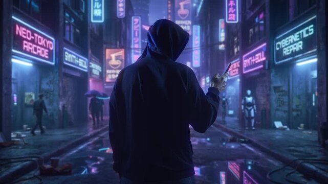 Urban Figure With Glowing Device, Alienated Silhouette Amidst Luminous Urban Decay And Reflections