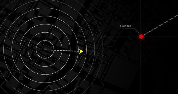 Air defense radar screen. Animation of military radar system detects danger and eliminates it. Shooting down enemy missile, plane or drone.