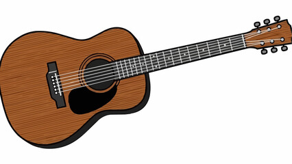 A detailed illustration showcases a brown acoustic guitar with six strings a dark pickguard and a prominent soundhole