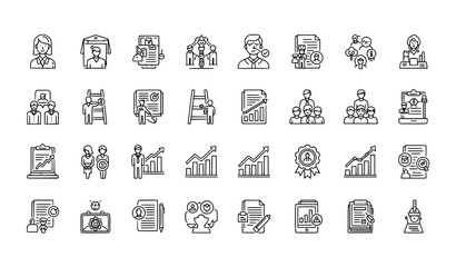 Professional growth and upskilling outline icons set for training and career coaching