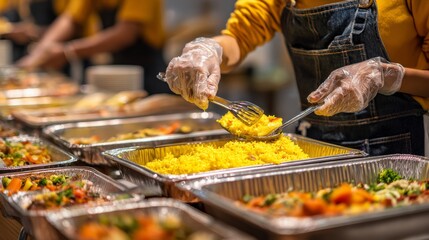 Catering chef serving food at buffet line with yellow rice and vegetables