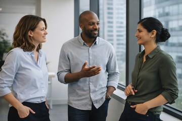 Generic office colleagues casually discussing work near a large window with natural daylight, relaxed professional posture, modern office interior, realistic photography style, collaborative workplace