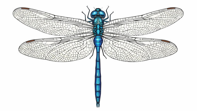 A beautifully detailed illustration depicts a vibrant blue dragonfly with intricate wing patterns and a slender body