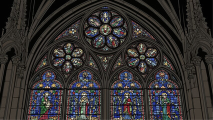 A stunning gothic cathedral rose window displays vibrant stained glass artistry showcasing floral and religious motifs in detail