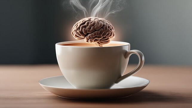 A white coffee cup with a brain on top of it. The brain is glowing and the cup is filled with coffee