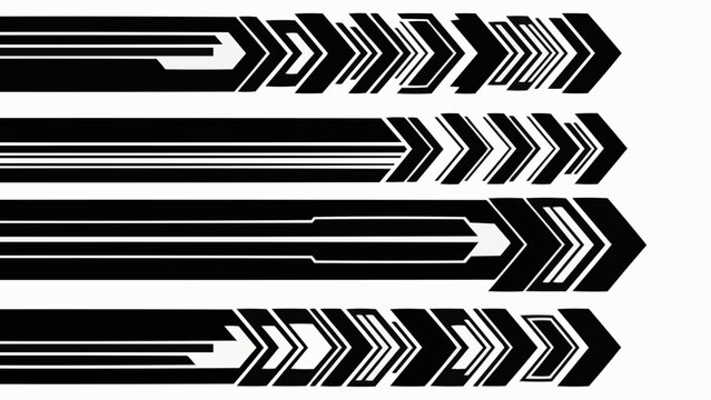 A collection of abstract black and white arrow designs arranged in rows showcasing dynamic linear patterns