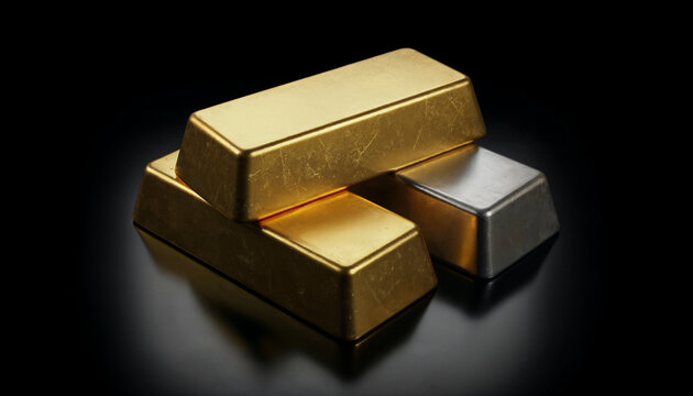 Premium gold bar and silver ingot for finance and wealth accumulation. Professional investment in bullion to find a treasure of long-term economic stability and profit.