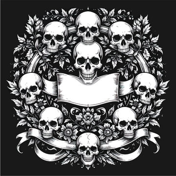Gothic Skulls Floral Wreath Illustration