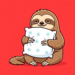 Fototapeta premium A cartoon sloth sits holding a pillow with blue stars