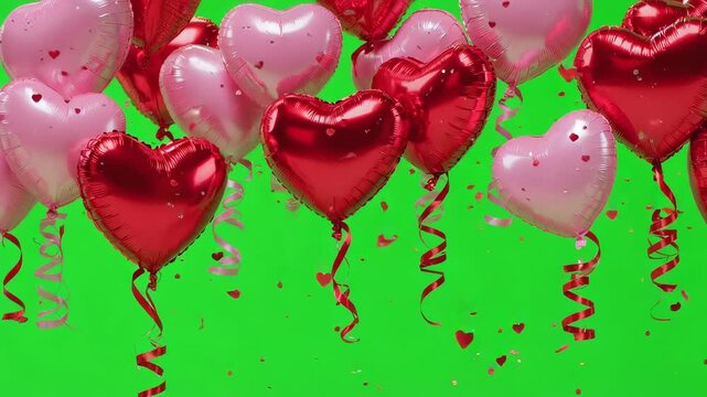 A Festive Display of Heart-Shaped Balloons in Red and Pink Colors Floating Against a Bright Green Background, Perfect for Celebrations and Events