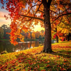 Obraz premium A vibrant autumn scene with a colorful tree by a lake at sunset