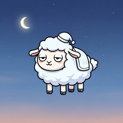 Fototapeta premium A sleepy sheep with a nightcap floats in a starry twilight sky