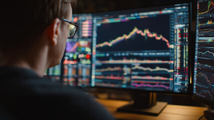 A man sitting in front of a computer monitor displaying stock market data