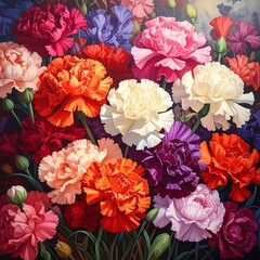 A vibrant bouquet of carnation blooms in various rich hues
