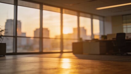 Modern office interior at sunset, empty corporate workspace with city skyline view, contemporary business atmosphere