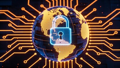 Glowing Digital Earth Globe with Padlock on Orange Circuit Board. Global Cyber Security, Worldwide Network Data Protection and Internet Privacy Technology Concept 3D Illustration.