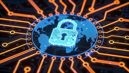 Glowing Digital Earth Globe with Padlock on Orange Circuit Board. Global Cyber Security, Worldwide Network Data Protection and Internet Privacy Technology Concept 3D Illustration.