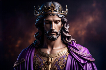 Escultura religiosa de Semana Santa con Jesucristo en actitud de recogimiento. Imagen solemne con iluminación dramática y detalles dorados, ideal para uso editorial y contenido religioso.