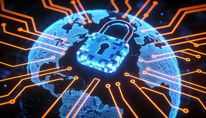 Glowing Digital Earth Globe with Padlock on Orange Circuit Board. Global Cyber Security, Worldwide Network Data Protection and Internet Privacy Technology Concept 3D Illustration.