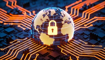 Glowing Digital Earth Globe with Padlock on Orange Circuit Board. Global Cyber Security, Worldwide Network Data Protection and Internet Privacy Technology Concept 3D Illustration.