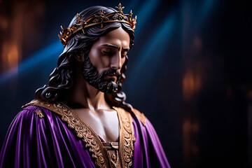 Escultura religiosa de Semana Santa con Jesucristo en actitud de recogimiento. Imagen solemne con iluminaci&oacute;n dram&aacute;tica y detalles dorados, ideal para uso editorial y contenido religioso.