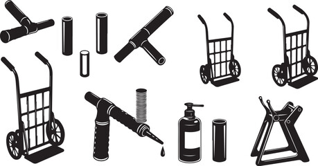 Obraz premium Black and white illustration of hand truck and tools