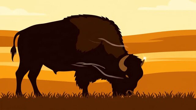 American Bison grazing flat vector illustration at sunset