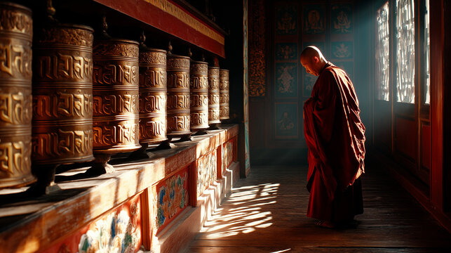 A monk in red robes walks contemplatively along a row of engraved brass prayer wheels in a colorful monastery corridor, bathed in streaming sunlight. Vibrant wall paintings and wooden floors - Powered by Adobe